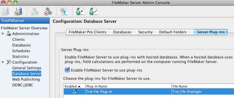 Server plug-ins in FileMaker Server Admin Console